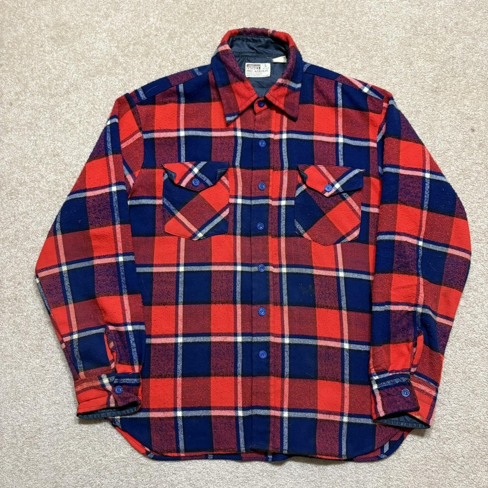Vtg 70s Montgomery‎ Ward Shirt Flannel Mens Large Red Plaid Quilted Lumberjack